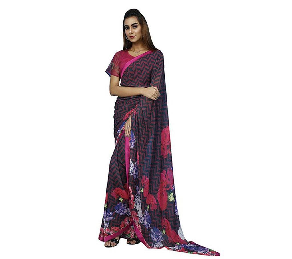 Blue Color (rose print) - Georgette-Saree (KPOSE66B)
