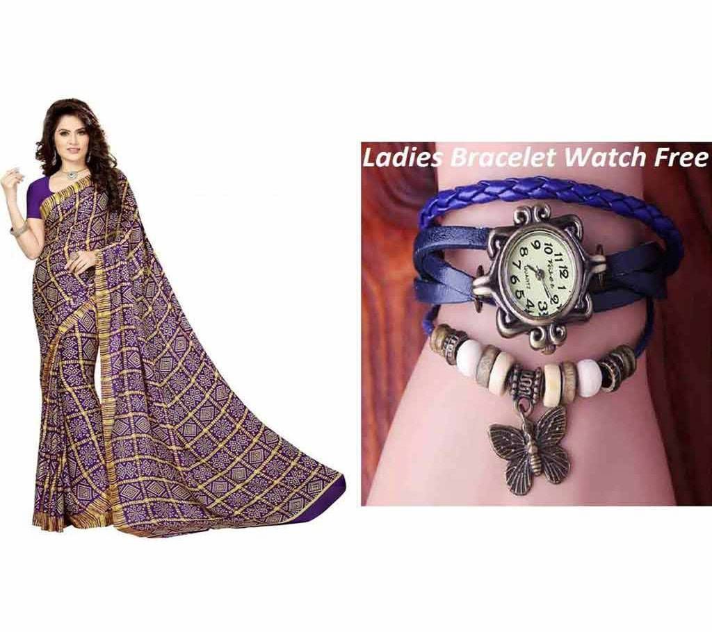 Silk Saree with Blouse Piece + Ladies Bracelet Watch Free