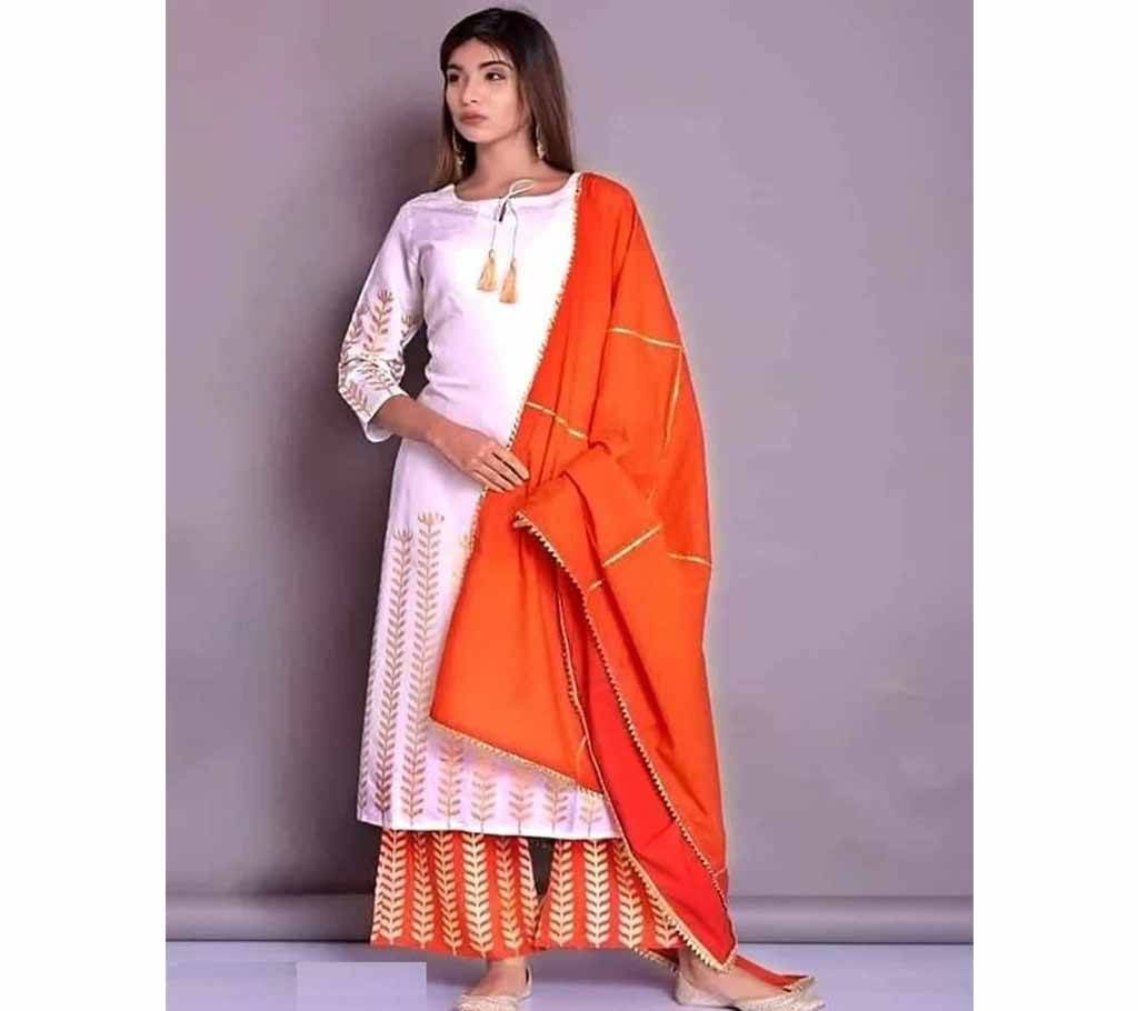  White and Orange Block Printed 3 pieces Salwar Kameez for Women