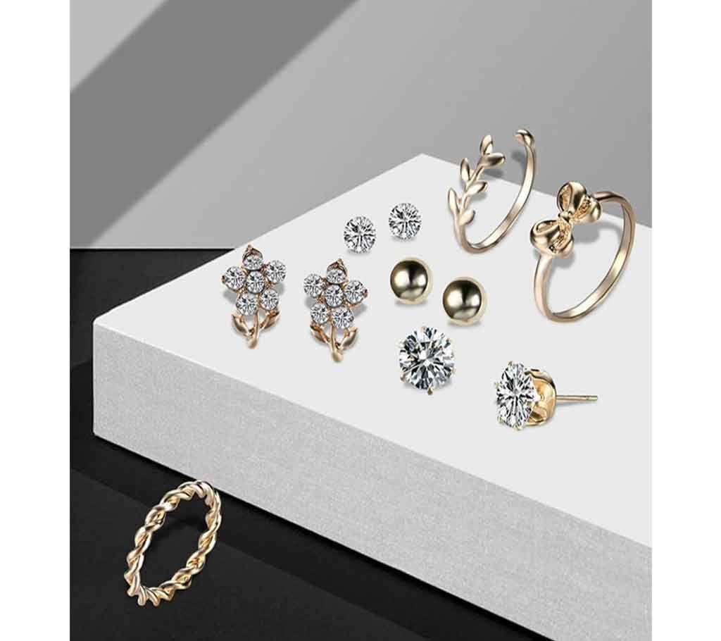 4 Pairs Fashionable Earrings & 3pcs Rings 