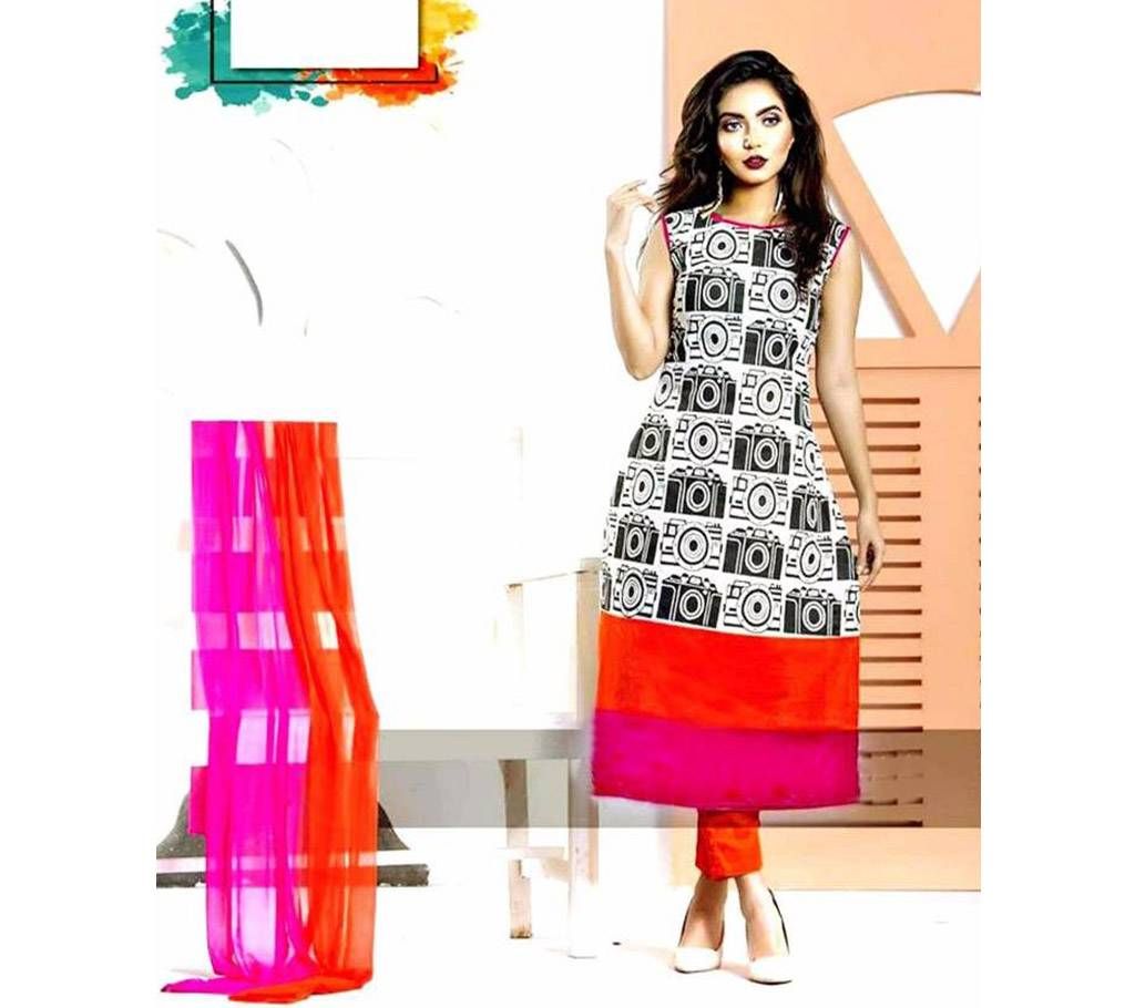 White and multicolor Un-stitched block printed cotton salwar kameez for woman