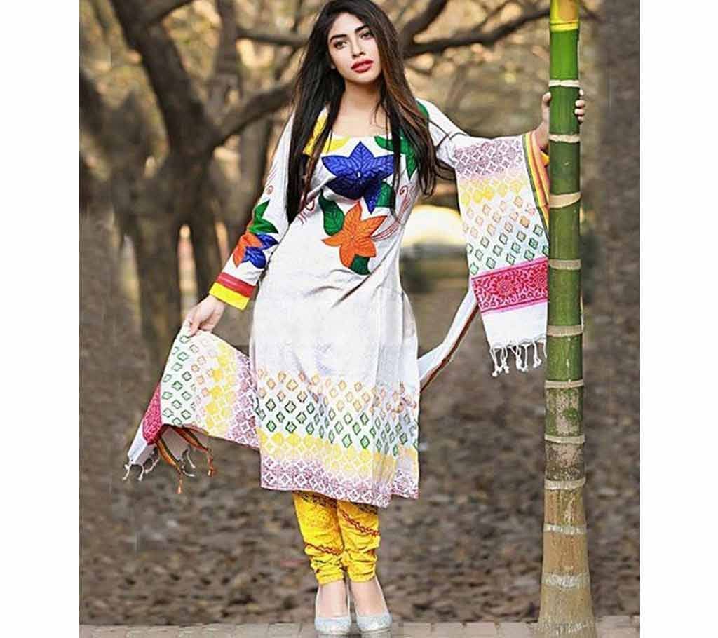 White Cotton Un-stitched Salwar Kameez for Women