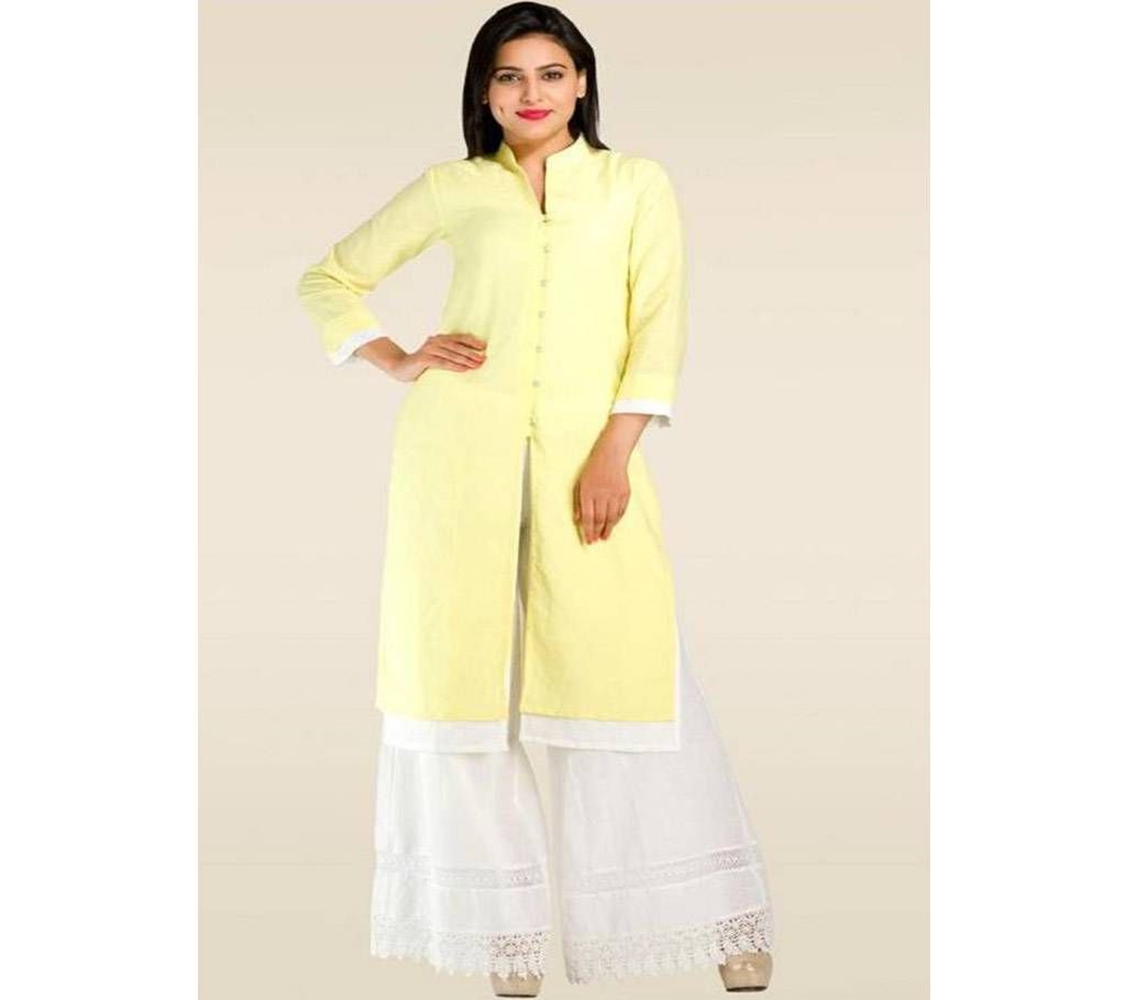 Light Yellow Linen Long Sleeve Casual Kurti for Women