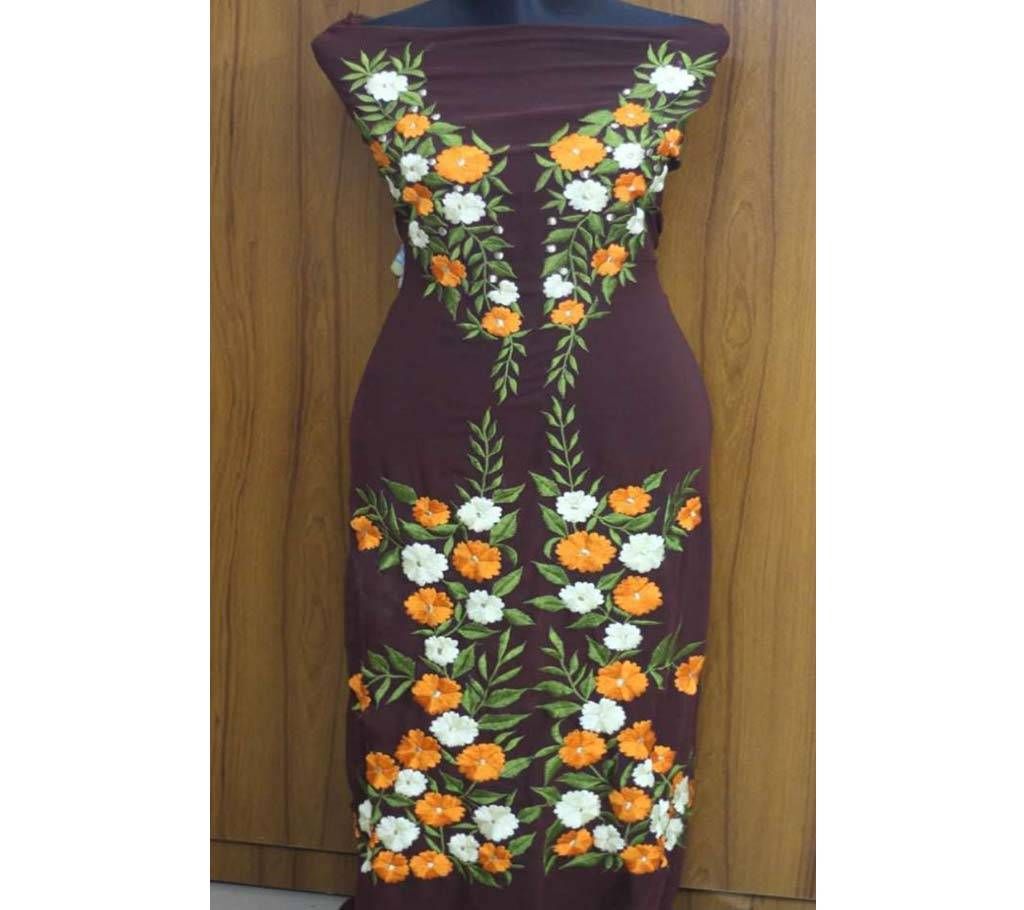 Unstitched Chocolate with White Orange & Green Color Flower & Leaf Design Embroidery Work Dress - 1piece