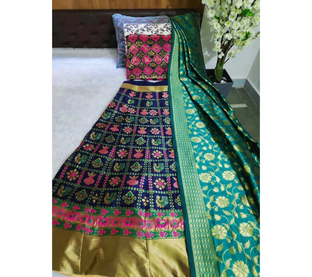 Banarasi silk Lehenga Dark Navy Blue with Multi flower Design and  Olive Golden paar 1