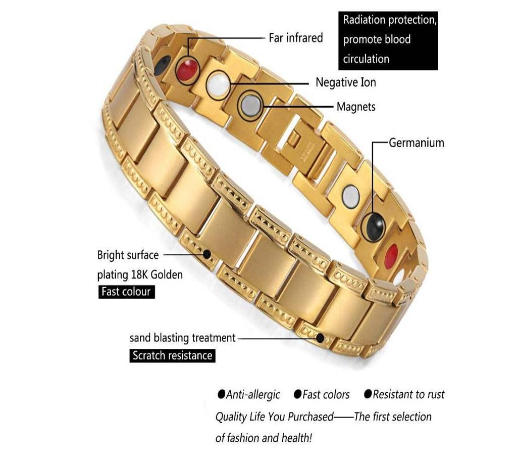 Healing Magnetic Bracelet Men/Woman 316L Stainless Steel 3 Health Care Elements (Neodymium Magnet, Negative ION, Far Infrared (FIR), Germanium) Gold B