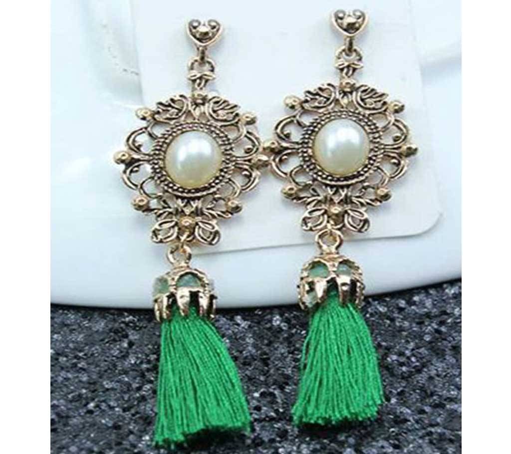 Tassel Earrings Boho Bohemian Long Silk Fabric Dangling Earrings Green