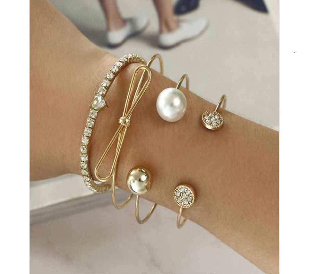 AECLVR 4 Pcs/Set Bow Knot Heart Opening Circle Bangle Zircon Faux Pearl Decor Women Jewelr