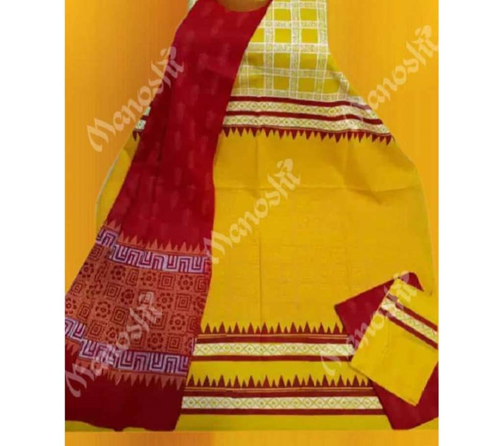 Unstitched Block Printed Three Piece for Women Yellow And Red Color
