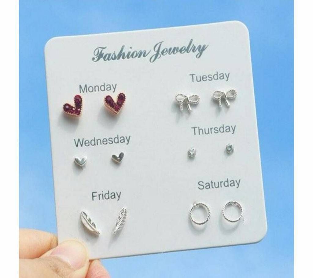 6 Pairs/set Cute Crystal Heart Stud Earrings for Women