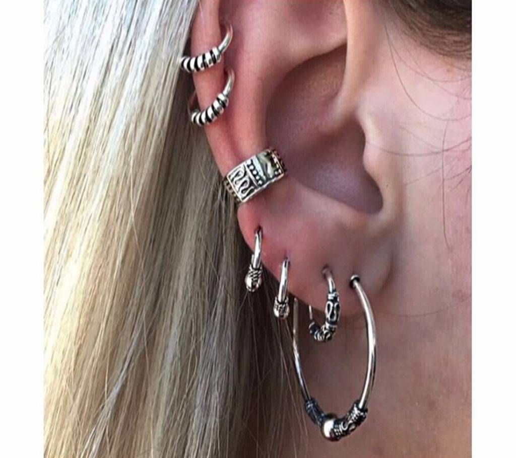 7 Pcs/Set Vintage Silver Color Carved Round Earrings Sets For Women