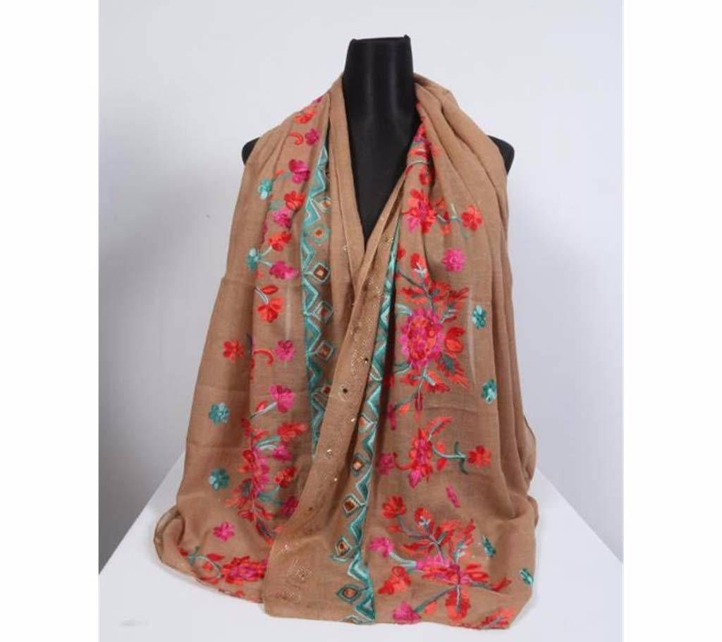 Dark Brown Color Cotton Embroidery Hijab