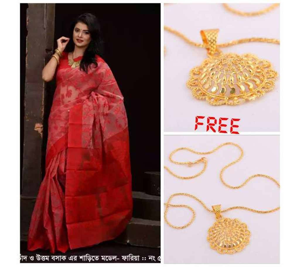 red jamdani sharee for valentine with free pendant 