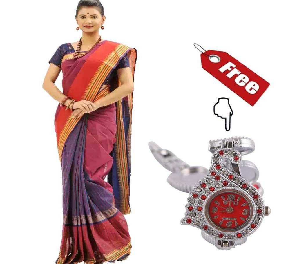 Colorful Suti Saree With Free ladies Wrist Watch
