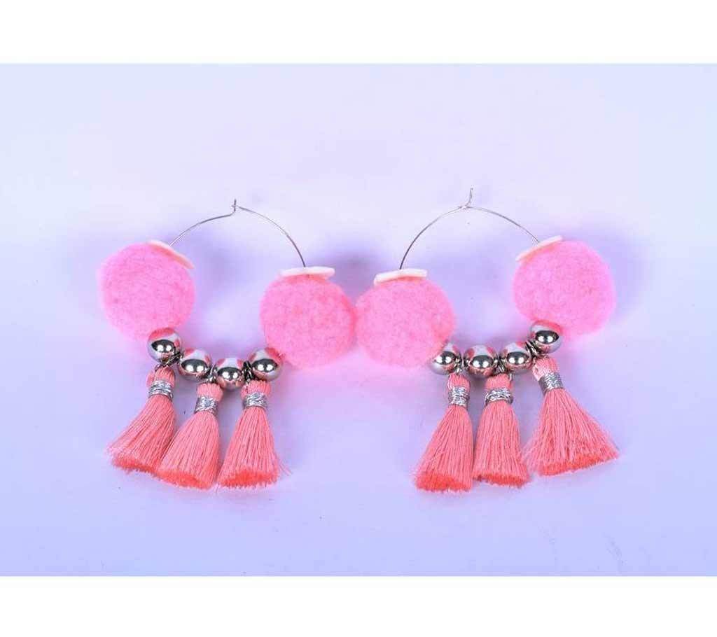 Pink Tribal Pom Pom Earring With Silver Beads