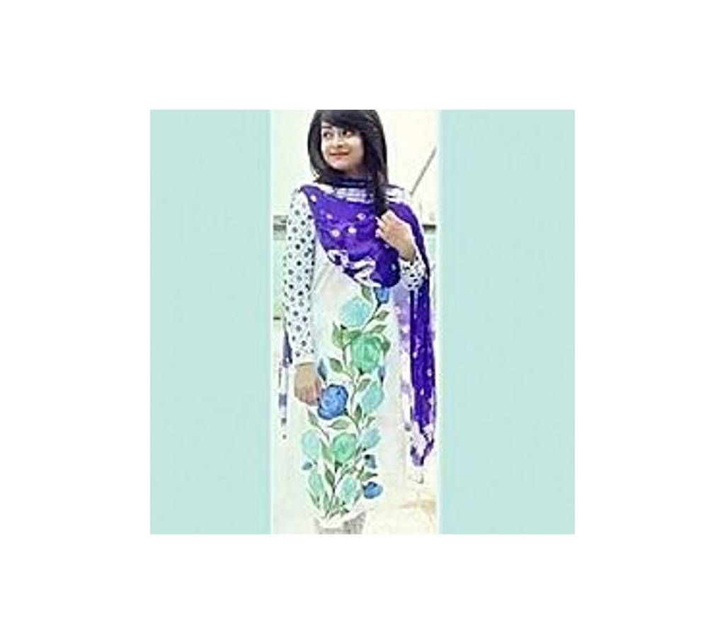 Unstitched White Cotton Block Printed Salwar Kameez For Women