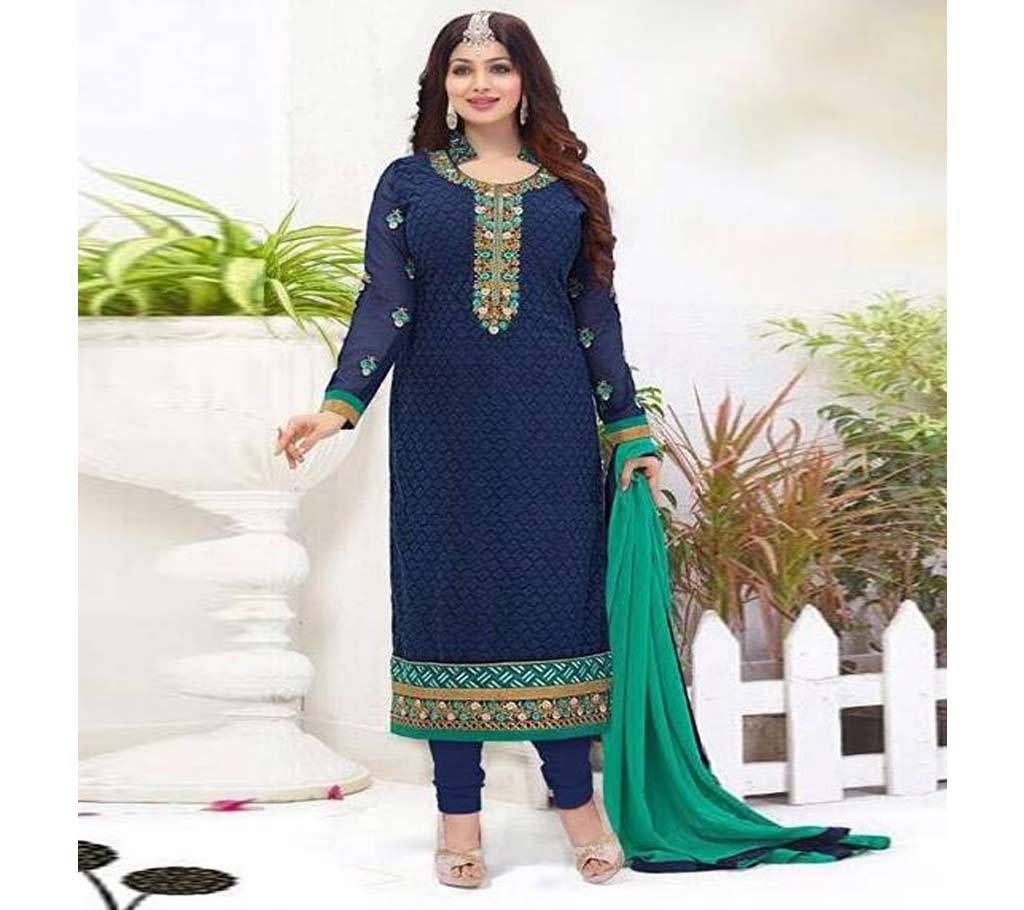 Navy Blue Cotton Un-stitched Block Printed Shalwar Kameez For Women