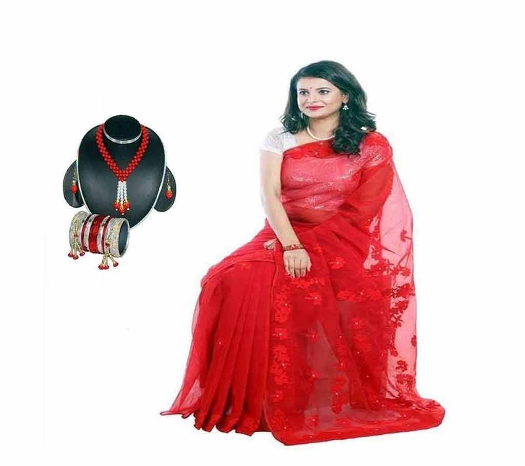 Muslin silk embroidery sari + necklace set