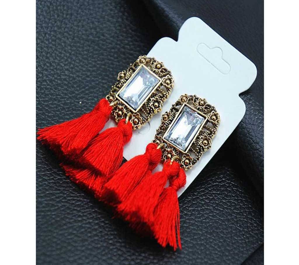 Tassel Earrings Boho Bohemian Long Silk Fabric Dangling Earrings Red