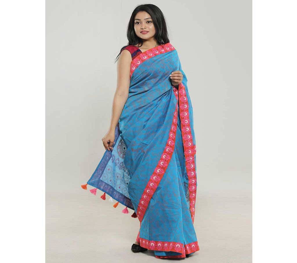 Turquoise Blue Color  Handloom Block Print Half  Silk Saree