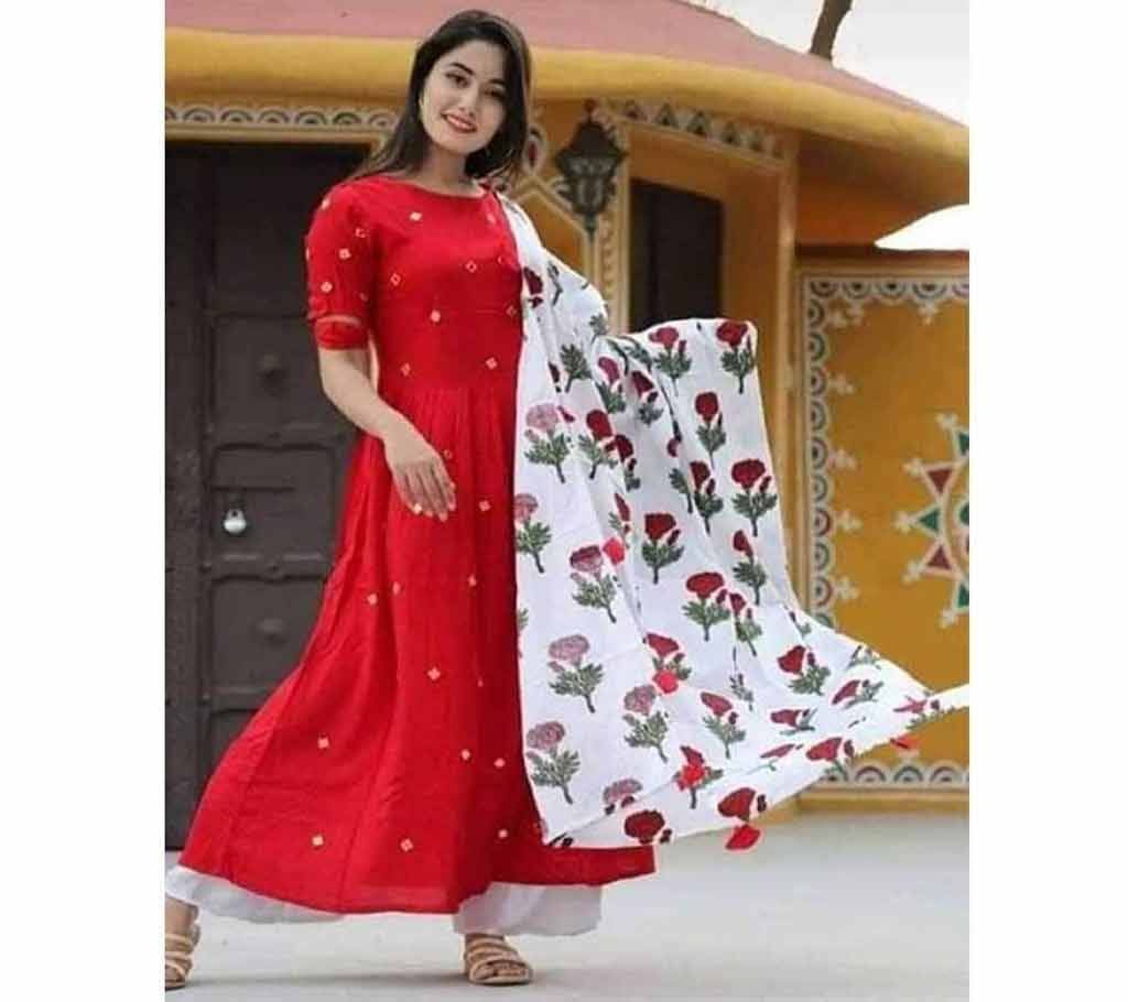 Unstitched red Color Cotton screen Printed Salwar Kameez for Women