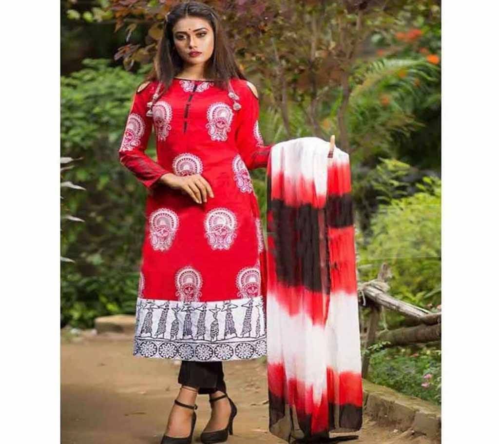  Red Block Printed 3 pieces Salwar Kameez for Women