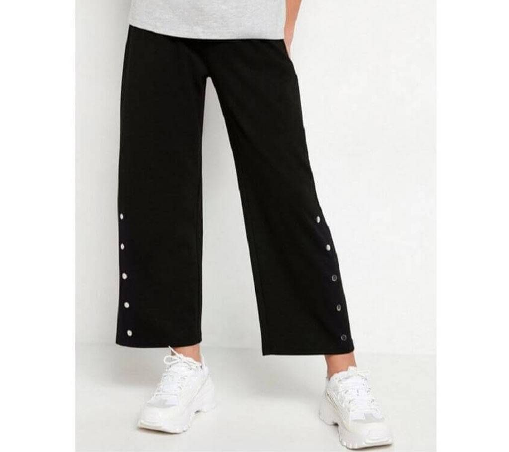 Wide Black Jersey Pant Trousers With Side Buttons For Women