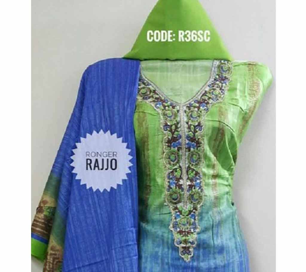 Unstitched Cotton Three Piece- Green Blue 