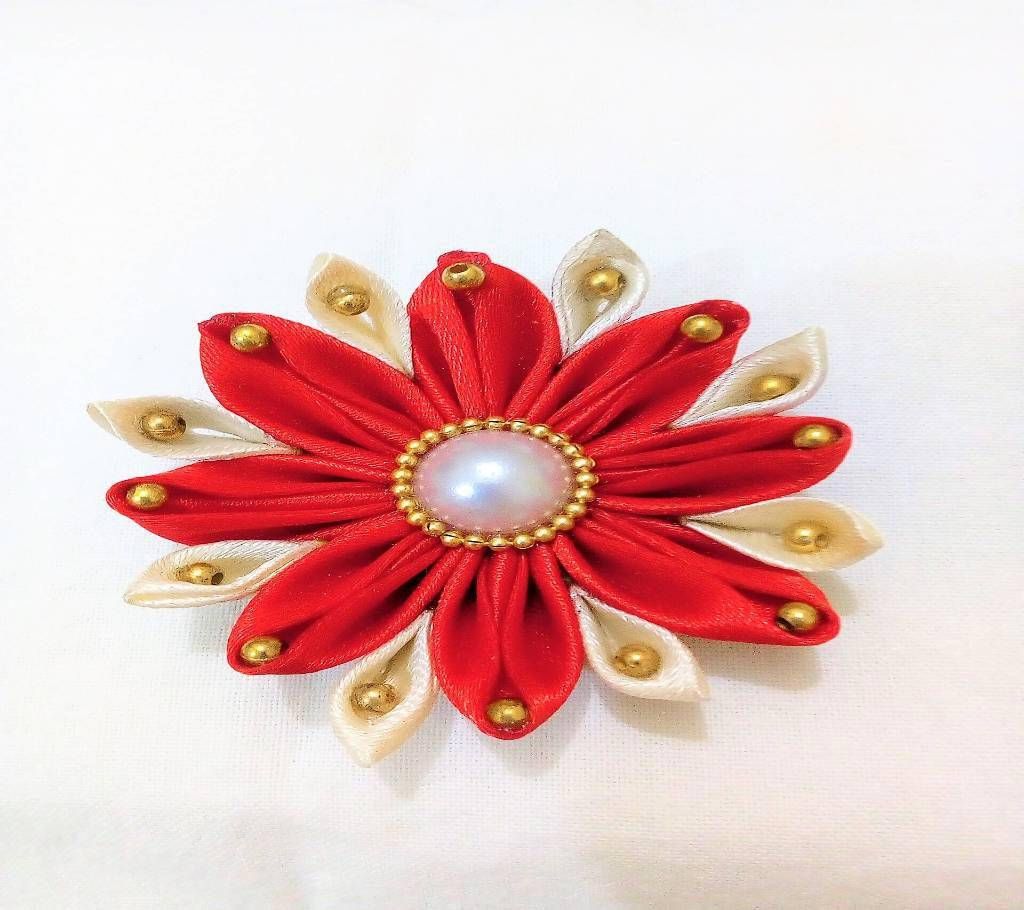 Red Floral Brooch With Golden Beads