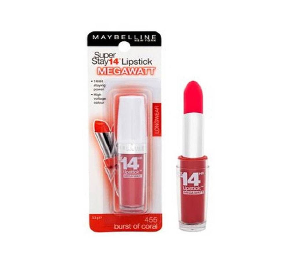 Maybelline SuperStay 14HR Megawatt Lipstick 3.3g - #455 Burst Of Coral USA 