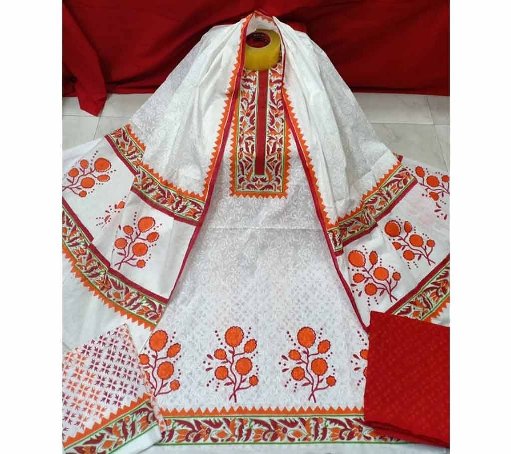 Unstitched Cotton Block print three piece