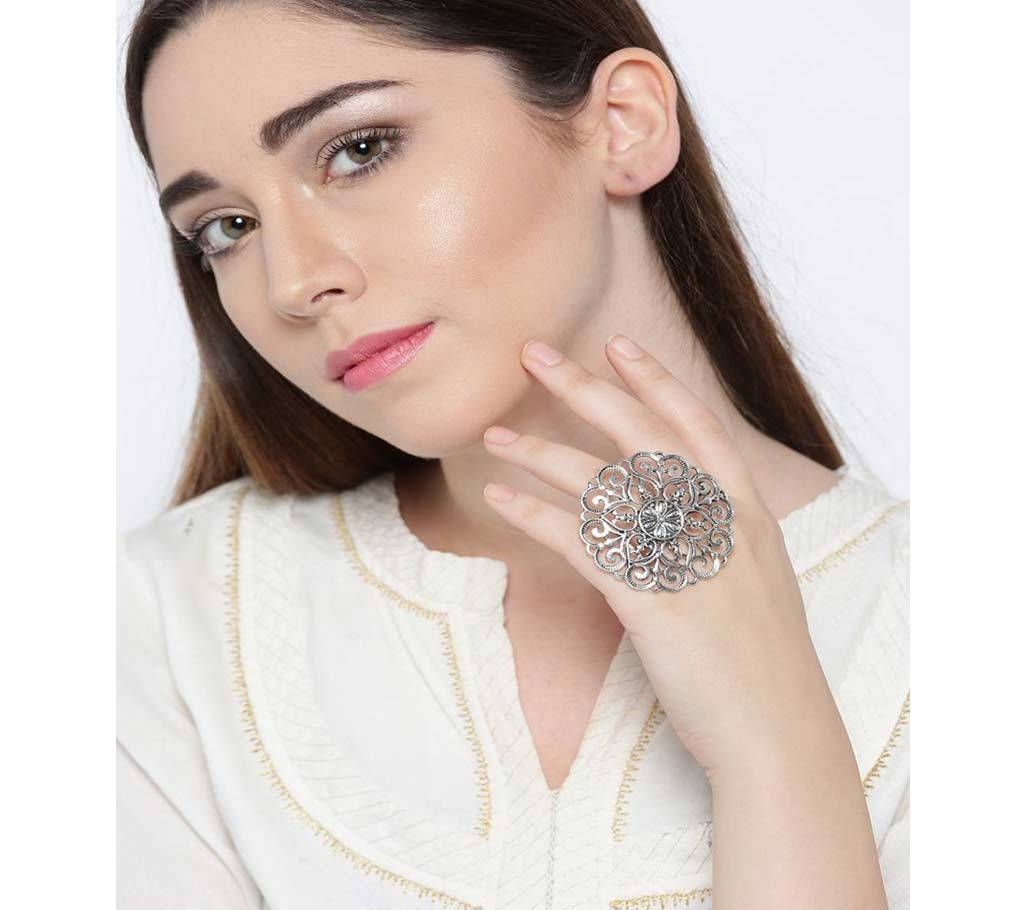 Women Silver-Toned Floral Tribal Adjustable Finger Ring