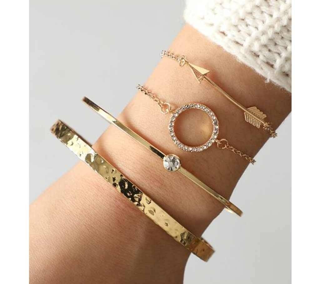AECLVR 4 Pcs/Set Bow Knot Heart Opening Circle Bangle Zircon Faux Pearl Decor Women Jewelry Gold Metal Vintage Fashion Bangles