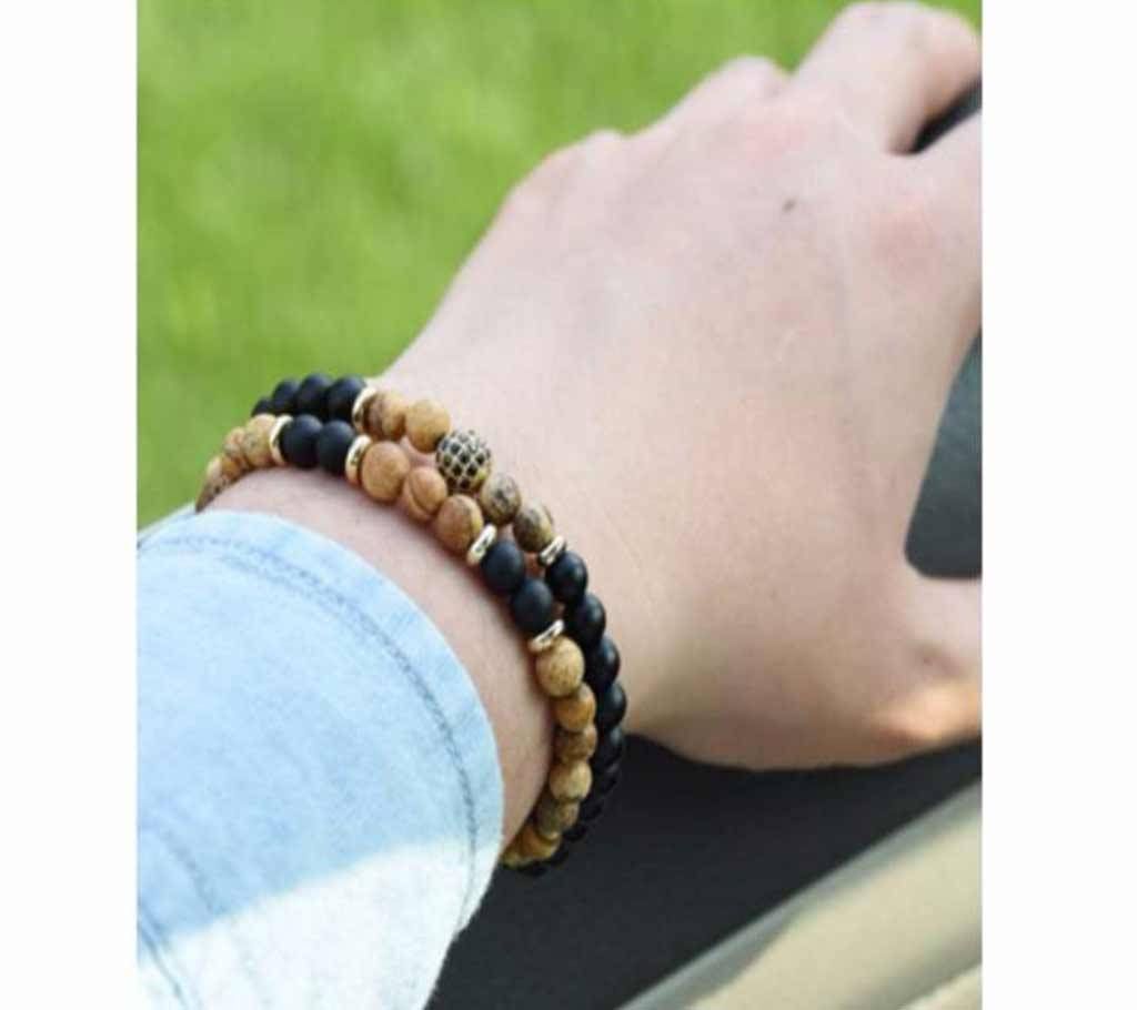 2pcs/set Natural Stone Beads Weathered Stone Scrub Metal Ball Bracelet for Men and Women