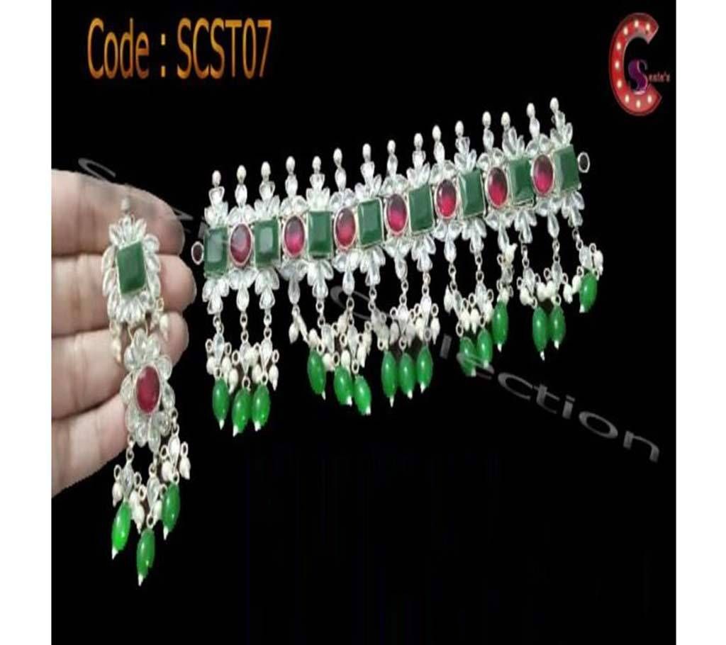 Silver Plated Panna & Rubi Stone Pearl Set