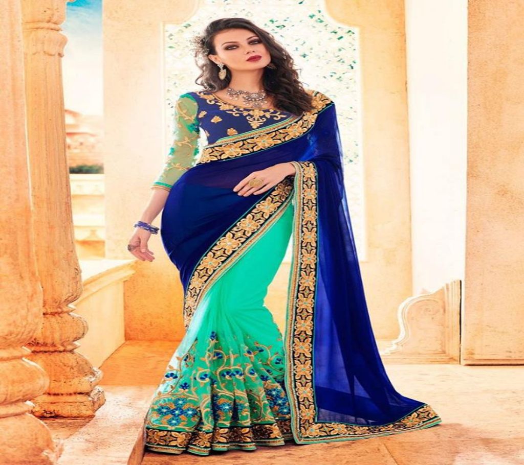 Navy and Sea Green Georgette Saree With Blouse Pie