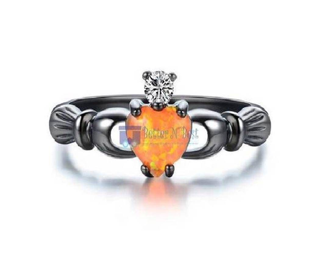 Love Heart Orange Fire Opal Black Wedding Ring