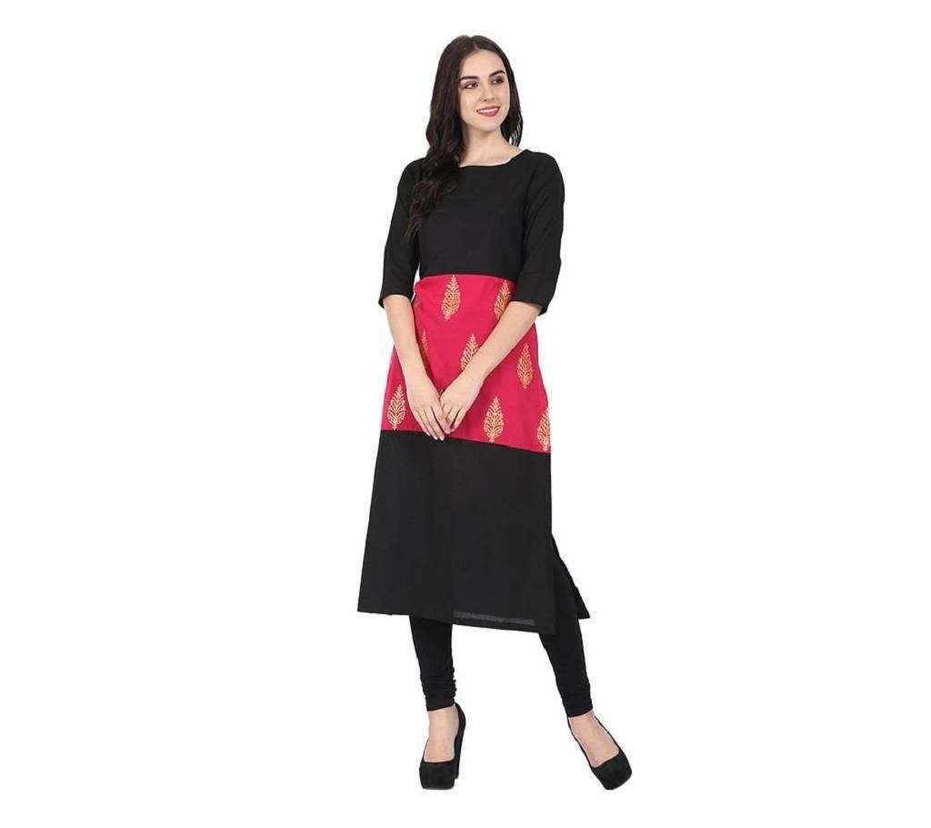 Black and Magenta Block Printed Cotton Casual Kurti for Women