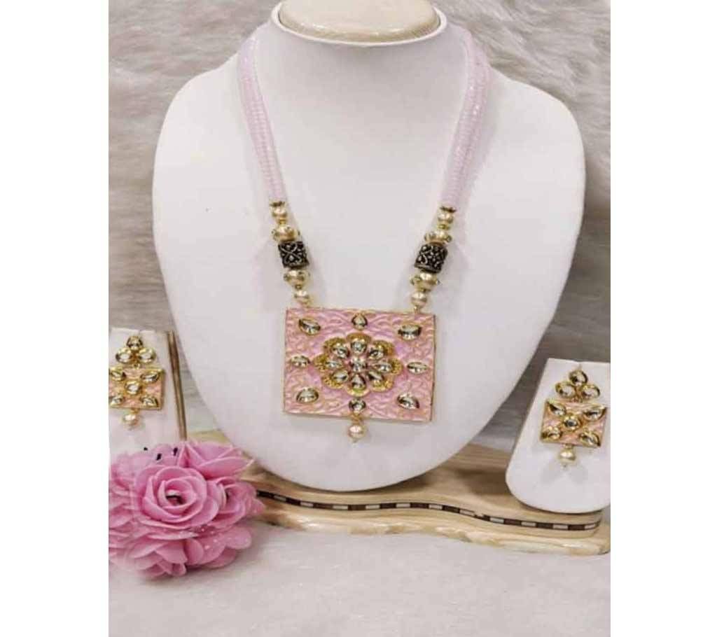 Attractive Zircon Bead Jewelery with Mina Work - Neclace and Earring - 05 - Rose Pink Square Flower