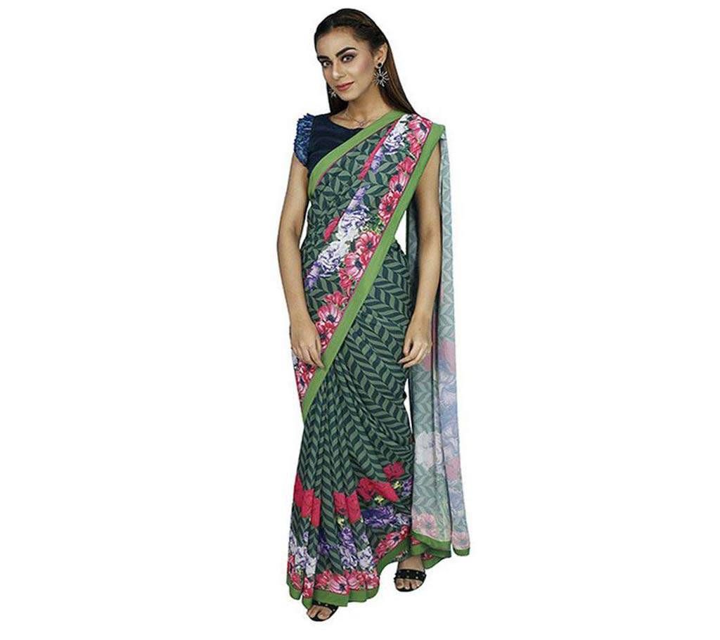 Green Color (rose print) - Georgette-Saree (KPOSE66C)