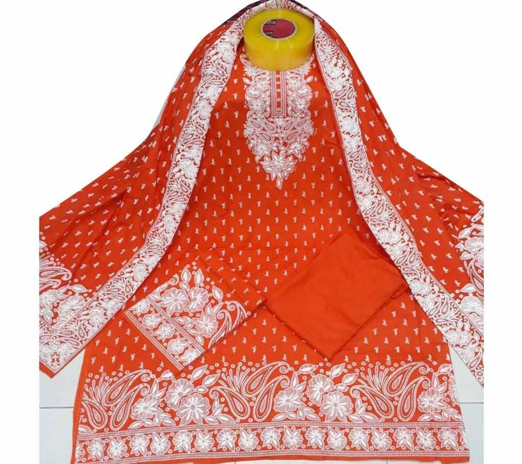 Unstitched Red Orange Color Cotton Rabar Emboss Salwar Kameez for Women