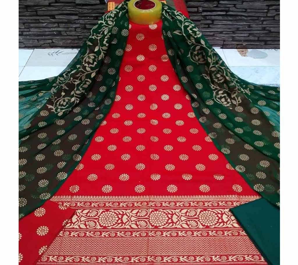 Unstitched Red and Dark Green Cotton Hand Printed Salwar Kameez for Women