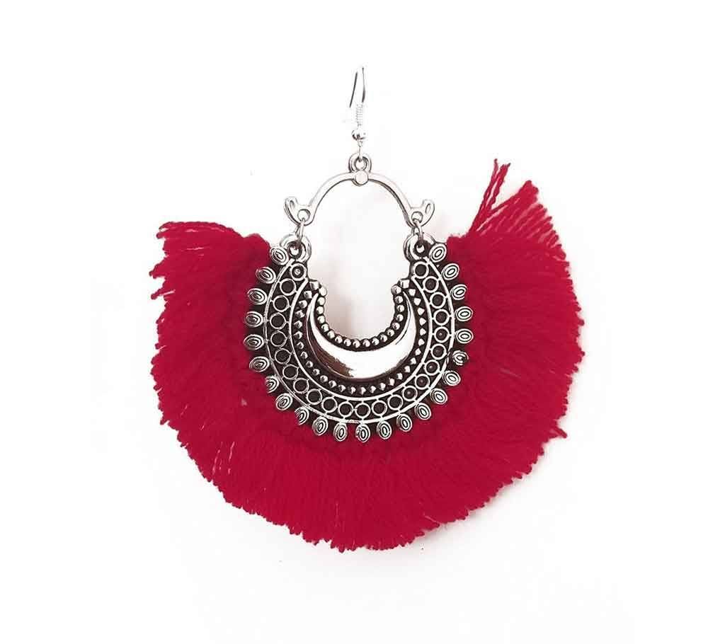 Silver Oxidized Red Boho Gypsy Chandbali Thread Afghani Drop Earrings (by Zylph - ZYETCR)