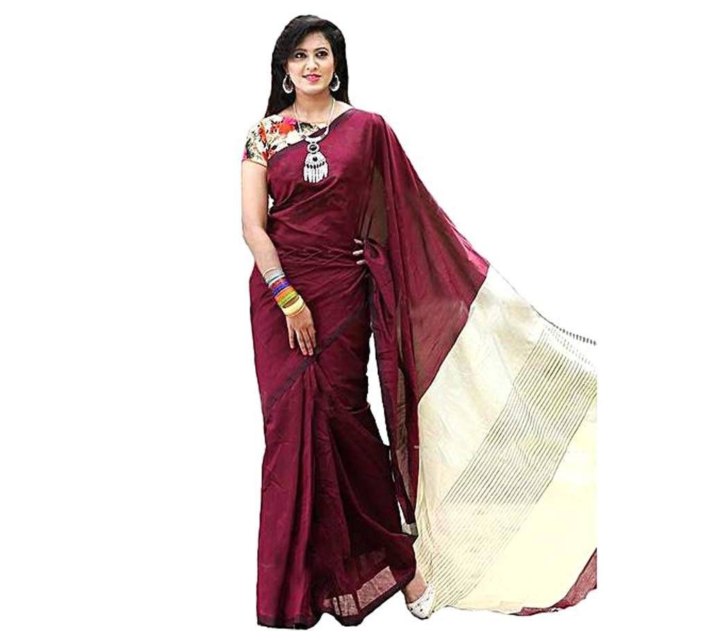 Pax Bazar Meroon and White Tangail Silk Saree for Women