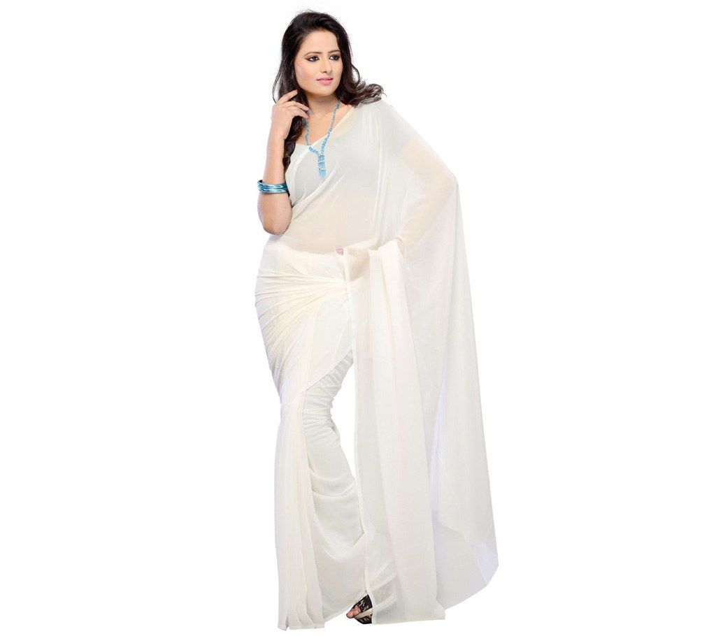 Indian white Soft Plain Georgette plain design Saree