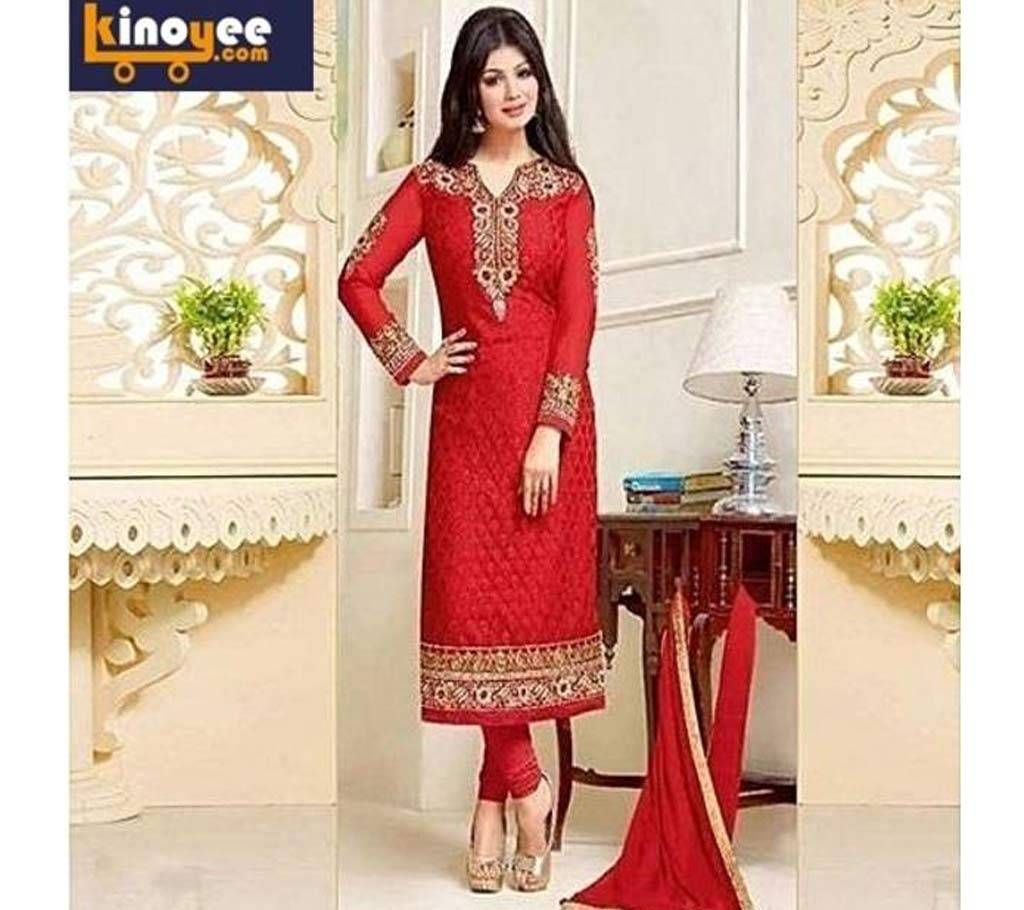 Unstitched Red Cotton Block Print Salwar Kameez For Women -Replica