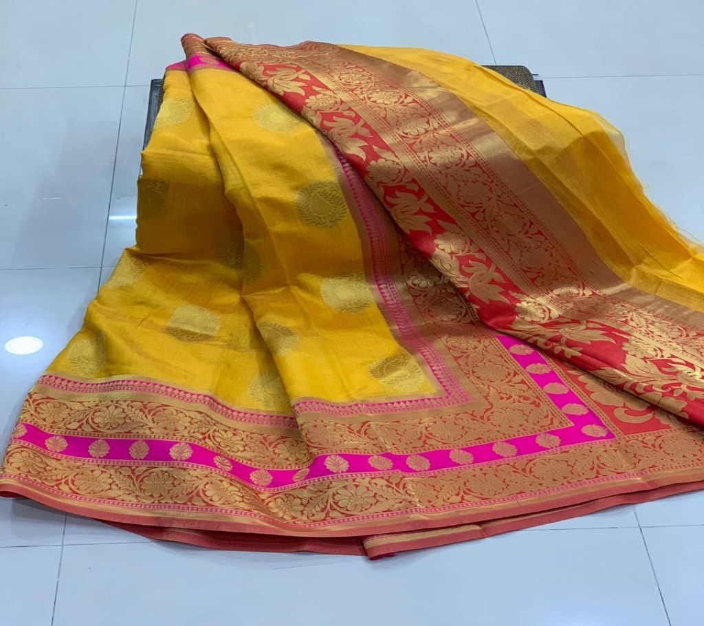 Name: Banarasi Crystal Handloom Weaving Silk Saree  Pineapple Color Saree  Red and Pink Par  Red AnchalD77C 4170 1A00  SHP1377  D77C 4170 1A00