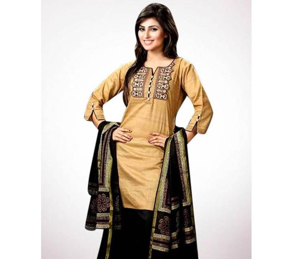Unstitched Brown Printed Cotton Salwar Kameez For Women