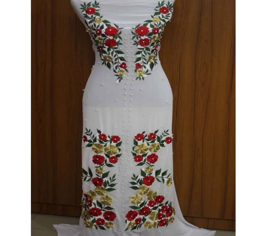 Unstitched White with Red & Green Color Sun Flower & Leaf Design Embroidery Work Dress - 1piece