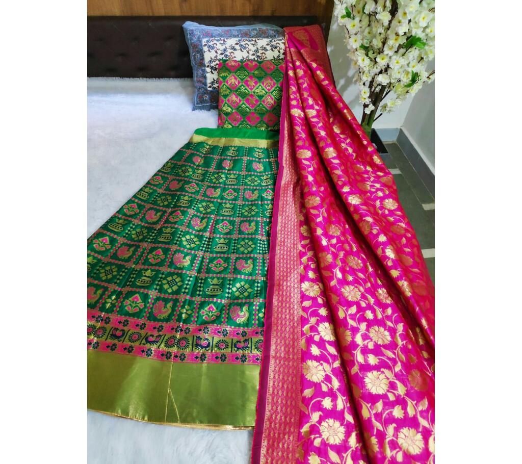 Banarasi silk Lehenga with Multi color Design and sea Green  and Olive Golden Paar 3